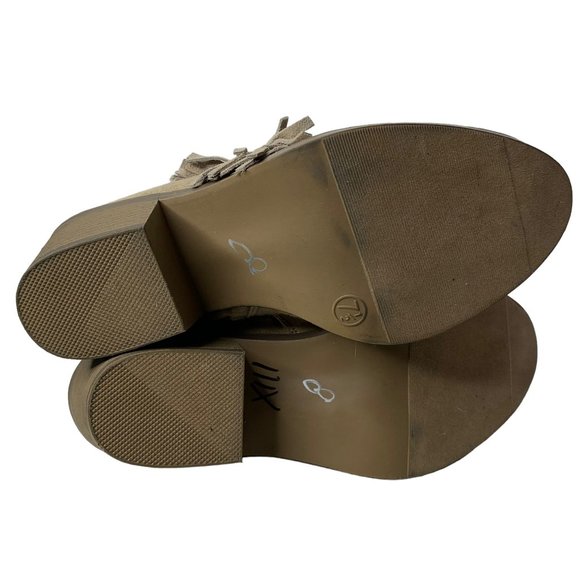 Mossimo Faux Suede Western Ankle Boots 7.5 Taupe Side Zipper Fringe Block Heel - Picture 7 of 9